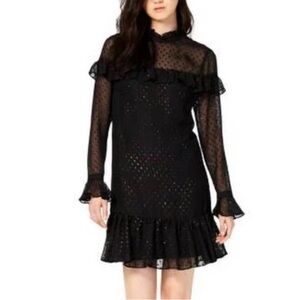 BETSEY JOHNSON women's black rainbow glitter dotted high neck ruffle dress SZ 10